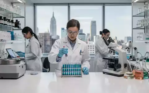 Wissenschaftler arbeiten in einem modernen Pharmalabor mit New Yorker Skyline im Hintergrund. - Foto: über boerse-global.de