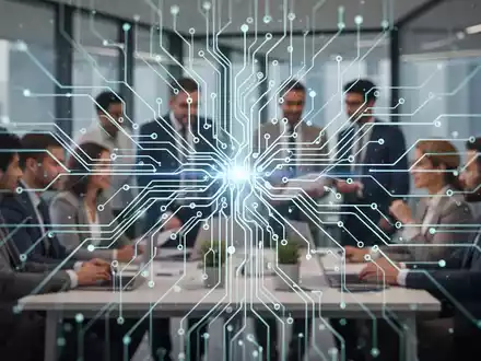 A stylized neural network overlaying a modern office, representing AI's integration into business transformation and autonomous workflows. - Foto: über boerse-global.de