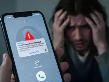 Ein Smartphone-Bildschirm zeigt eine Warnung vor einem betrügerischen Anruf. Im Hintergrund ist eine besorgte Person unscharf zu sehen. - Foto: über boerse-global.de