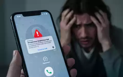 Ein Smartphone-Bildschirm zeigt eine Warnung vor einem betrügerischen Anruf. Im Hintergrund ist eine besorgte Person unscharf zu sehen. - Foto: über boerse-global.de