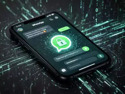 Ein Smartphone-Bildschirm zeigt eine WhatsApp-Nachricht mit einem Schloss-Symbol, umgeben von digitalen Bedrohungen und Datenströmen. - Foto: über boerse-global.de