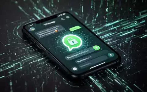 Ein Smartphone-Bildschirm zeigt eine WhatsApp-Nachricht mit einem Schloss-Symbol, umgeben von digitalen Bedrohungen und Datenströmen. - Foto: über boerse-global.de