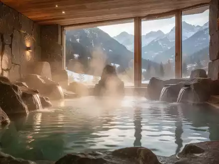 Ein ruhiger, natürlich beleuchteter Innenbereich eines Thermalbades in den österreichischen Alpen mit warmem, dampfendem Wasser und Felsformationen. - Foto: über boerse-global.de