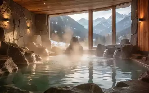 Ein ruhiger, natürlich beleuchteter Innenbereich eines Thermalbades in den österreichischen Alpen mit warmem, dampfendem Wasser und Felsformationen. - Foto: über boerse-global.de