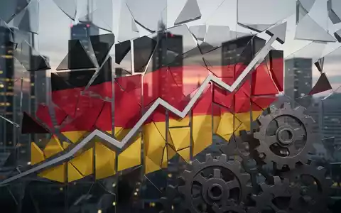 Eine stilisierte, fragmentierte deutsche Flagge aus geometrischen Formen, teilweise verdeckt von einem aufsteigenden Diagramm und Zahnrädern. - Foto: über boerse-global.de