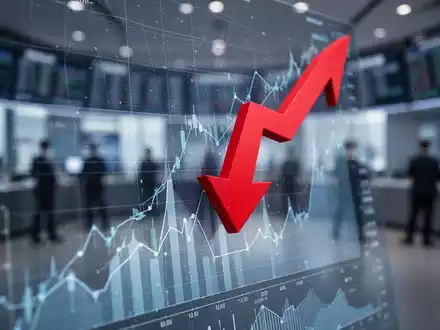 Roter, nach unten zeigender Börsenpfeil durchdringt einen Bildschirm mit Finanzdiagrammen und -grafiken, im Hintergrund ein Handelsraum. - Foto: über boerse-global.de