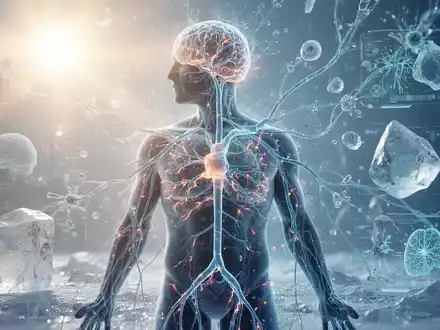 Abstrakte Darstellung von Biohacking-Konzepten mit leuchtenden neuronalen Pfaden, Sonnenlicht, Eis und digitalen Elementen auf einer menschlichen Silhouette. - Foto: über boerse-global.de