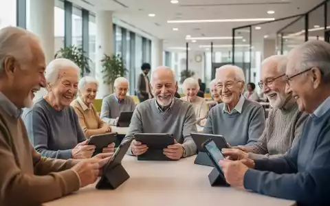 Senioren nehmen an einer Gedächtnistrainingseinheit in einem hellen, modernen Raum teil, einige nutzen Tablets, andere lösen Rätsel. - Foto: über boerse-global.de