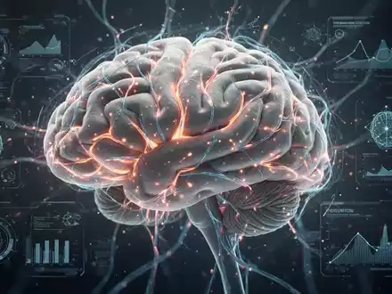 Ein detailliertes Bild eines menschlichen Gehirns mit leuchtenden neuronalen Pfaden, umgeben von digitalen Schnittstellen und Datenvisualisierungen. - Foto: über boerse-global.de