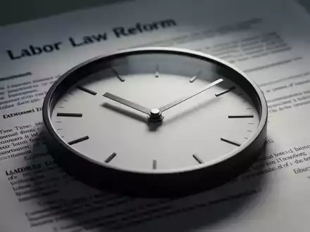 Nahaufnahme einer modernen Uhr mit unscharfen Zeigern vor einem Dokument, das Arbeitszeitreformen symbolisiert. - Foto: über boerse-global.de