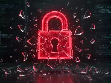 A shattered, glowing red digital lock icon, symbolizing a data breach and AI cybercrime, against a dark, high-tech background. - Foto: über boerse-global.de
