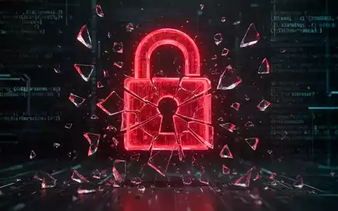 A shattered, glowing red digital lock icon, symbolizing a data breach and AI cybercrime, against a dark, high-tech background. - Foto: über boerse-global.de