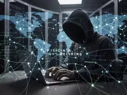 A shadowy figure in a hoodie typing on a laptop, surrounded by glowing digital code, symbolizing cybercrime and AI phishing. - Foto: über boerse-global.de