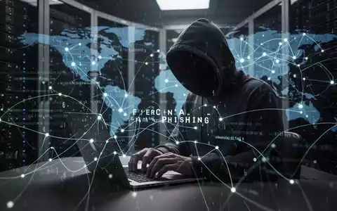 A shadowy figure in a hoodie typing on a laptop, surrounded by glowing digital code, symbolizing cybercrime and AI phishing. - Foto: über boerse-global.de