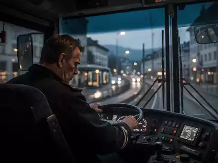 Ein Busfahrer, von hinten gesehen, blickt müde durch die Windschutzscheibe seines Busses auf eine dämmrige Stadtlandschaft. - Foto: über boerse-global.de