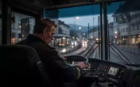 Ein Busfahrer, von hinten gesehen, blickt müde durch die Windschutzscheibe seines Busses auf eine dämmrige Stadtlandschaft. - Foto: über boerse-global.de