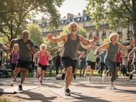 Eine vielfältige Gruppe von Menschen nimmt an einem kostenlosen Outdoor-Fitnesskurs in einem sonnigen Park teil. - Foto: über boerse-global.de