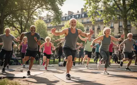 Eine vielfältige Gruppe von Menschen nimmt an einem kostenlosen Outdoor-Fitnesskurs in einem sonnigen Park teil. - Foto: über boerse-global.de