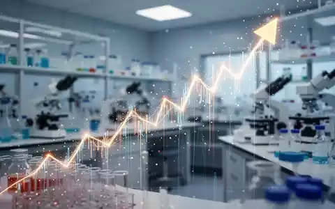 Abstrakte Darstellung eines steigenden Börsenkurses vor dem Hintergrund eines pharmazeutischen Forschungslabors. - Foto: über boerse-global.de