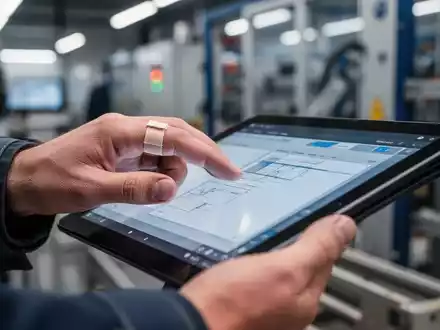 Nahaufnahme einer Hand mit kleinem Verband am Finger, die präzise Details auf einem digitalen Tablet in einer Industrieumgebung dokumentiert. - Foto: über boerse-global.de