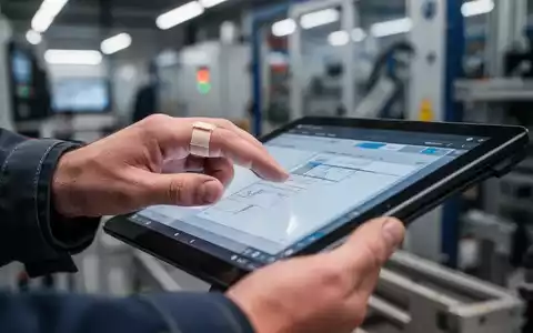 Nahaufnahme einer Hand mit kleinem Verband am Finger, die präzise Details auf einem digitalen Tablet in einer Industrieumgebung dokumentiert. - Foto: über boerse-global.de