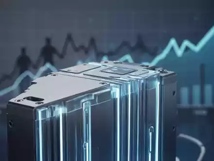 Nahaufnahme eines modernen Wasserstoff-Brennstoffzellenstapels, der blau leuchtet, mit einem verschwommenen Finanzgrafen im Hintergrund. - Foto: über boerse-global.de