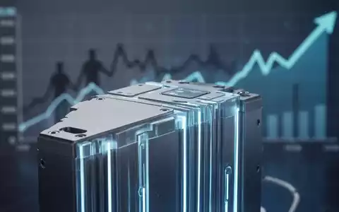 Nahaufnahme eines modernen Wasserstoff-Brennstoffzellenstapels, der blau leuchtet, mit einem verschwommenen Finanzgrafen im Hintergrund. - Foto: über boerse-global.de