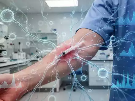 Ein Arm mit einer Injektionsstelle, umgeben von abstrakten, leuchtenden biologischen Pfaden und Datenvisualisierungen. - Foto: über boerse-global.de