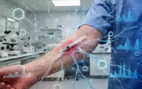 Ein Arm mit einer Injektionsstelle, umgeben von abstrakten, leuchtenden biologischen Pfaden und Datenvisualisierungen. - Foto: über boerse-global.de