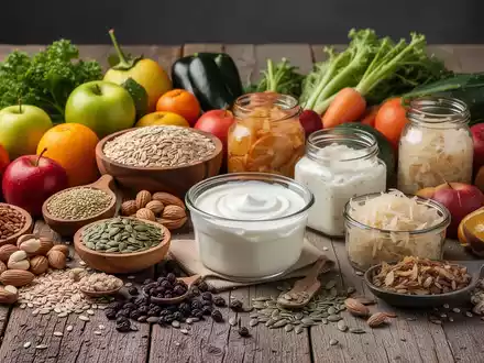 Ein Stillleben aus frischen, gesunden Lebensmitteln wie Obst, Gemüse, Vollkornprodukten, Nüssen und fermentierten Lebensmitteln auf einem Holztisch. - Foto: über boerse-global.de