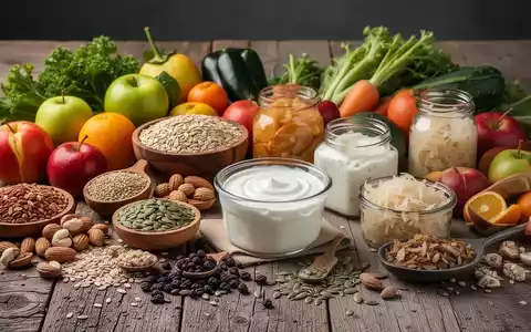 Ein Stillleben aus frischen, gesunden Lebensmitteln wie Obst, Gemüse, Vollkornprodukten, Nüssen und fermentierten Lebensmitteln auf einem Holztisch. - Foto: über boerse-global.de