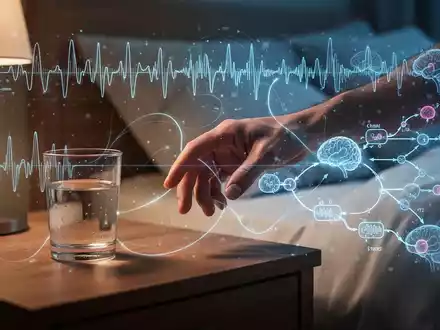 Eine Hand greift nach einem Glas Wasser auf einem Nachttisch, mit stilisierten Linien, die Schlaf und Stoffwechsel darstellen. - Foto: über boerse-global.de
