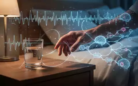 Eine Hand greift nach einem Glas Wasser auf einem Nachttisch, mit stilisierten Linien, die Schlaf und Stoffwechsel darstellen. - Foto: über boerse-global.de
