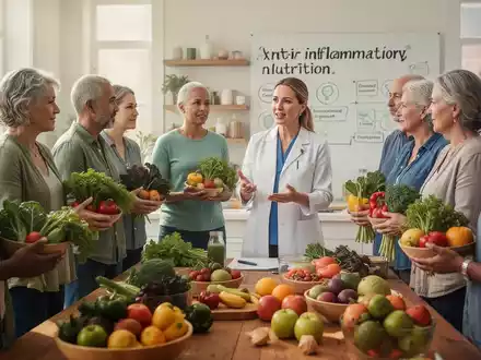 Eine Gruppe von Menschen, die frisches Obst und Gemüse halten, während sie einem Gesundheitsexperten zuhören, der über antientzündliche Ernährung spricht. - Foto: über boerse-global.de
