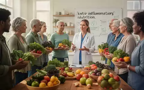 Eine Gruppe von Menschen, die frisches Obst und Gemüse halten, während sie einem Gesundheitsexperten zuhören, der über antientzündliche Ernährung spricht. - Foto: über boerse-global.de