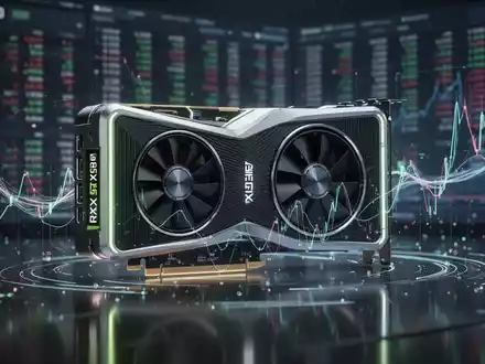 A futuristic NVIDIA RTX 50 series graphics card, glowing subtly, on a reflective surface with abstract digital data lines. - Foto: über boerse-global.de