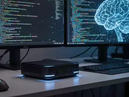A compact, modern mini PC with glowing blue accents on a desk, next to a monitor displaying AI code. - Foto: über boerse-global.de