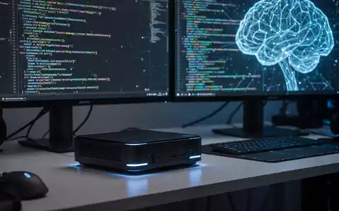 A compact, modern mini PC with glowing blue accents on a desk, next to a monitor displaying AI code. - Foto: über boerse-global.de