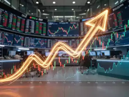 Eine stilisierte, nach oben zeigende Pfeilform aus Lichtspuren über einem unscharfen Börsenhintergrund mit digitalen Diagrammen. - Foto: über boerse-global.de