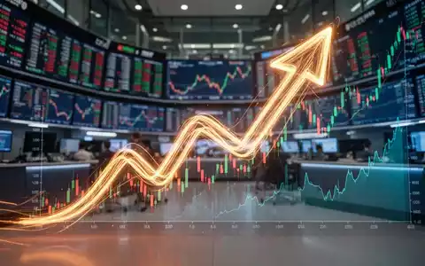 Eine stilisierte, nach oben zeigende Pfeilform aus Lichtspuren über einem unscharfen Börsenhintergrund mit digitalen Diagrammen. - Foto: über boerse-global.de