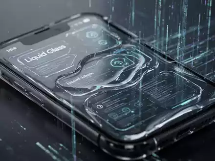 A modern iPhone screen showing a transparent user interface with 'Liquid Glass' design elements and digital data streams. - Foto: über boerse-global.de