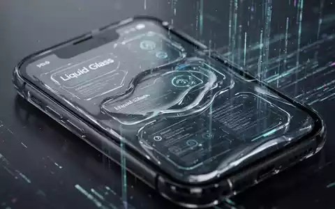 A modern iPhone screen showing a transparent user interface with 'Liquid Glass' design elements and digital data streams. - Foto: über boerse-global.de