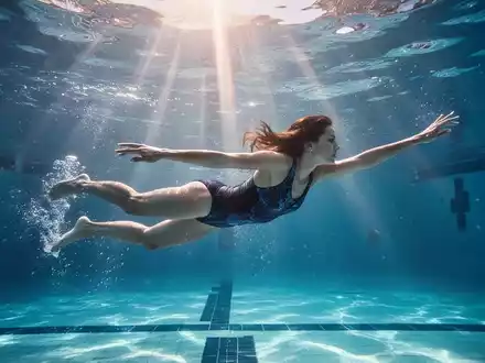 Eine Person schwimmt unter Wasser in einem blauen Pool, mit Sonnenstrahlen, die durch die WasseroberflĂ€che dringen. - Foto: ĂŒber boerse-global.de