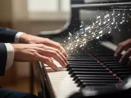 Nahaufnahme von Händen, die Klavier spielen, mit musikalischen Noten, die als Lichtpartikel die kognitive Aktivität symbolisieren. - Foto: über boerse-global.de