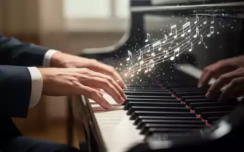 Nahaufnahme von Händen, die Klavier spielen, mit musikalischen Noten, die als Lichtpartikel die kognitive Aktivität symbolisieren. - Foto: über boerse-global.de