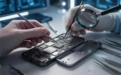 Close-up of a technician repairing the internal components of a smartphone, with tools and intricate circuitry visible. - Foto: über boerse-global.de