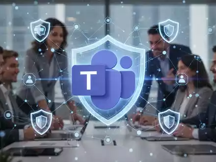 A stylized Microsoft Teams logo glowing within a digital network, surrounded by security shields and faint figures of office workers. - Foto: über boerse-global.de