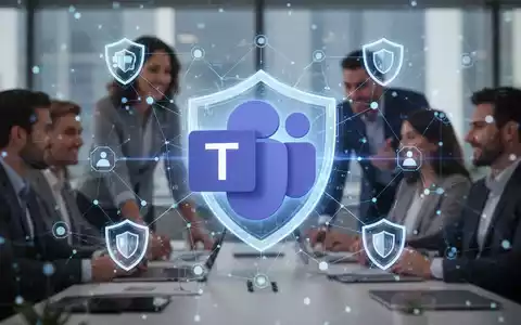 A stylized Microsoft Teams logo glowing within a digital network, surrounded by security shields and faint figures of office workers. - Foto: über boerse-global.de