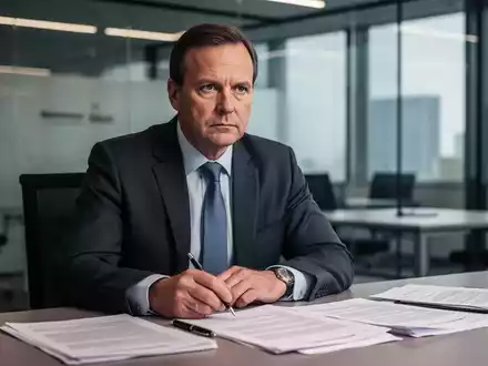 Ein nachdenklicher deutscher Betriebsrat in einem modernen Büro, umgeben von Gesetzestexten und Stift, symbolisiert Arbeitsrecht und Mitarbeitervertretung. - Foto: über boerse-global.de