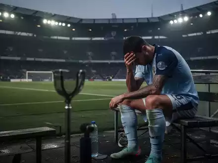 Ein erschöpfter Fußballspieler sitzt allein auf einer Stadionbank, den Kopf in den Händen, mit einem Gefühl von Druck und Einsamkeit. - Foto: über boerse-global.de
